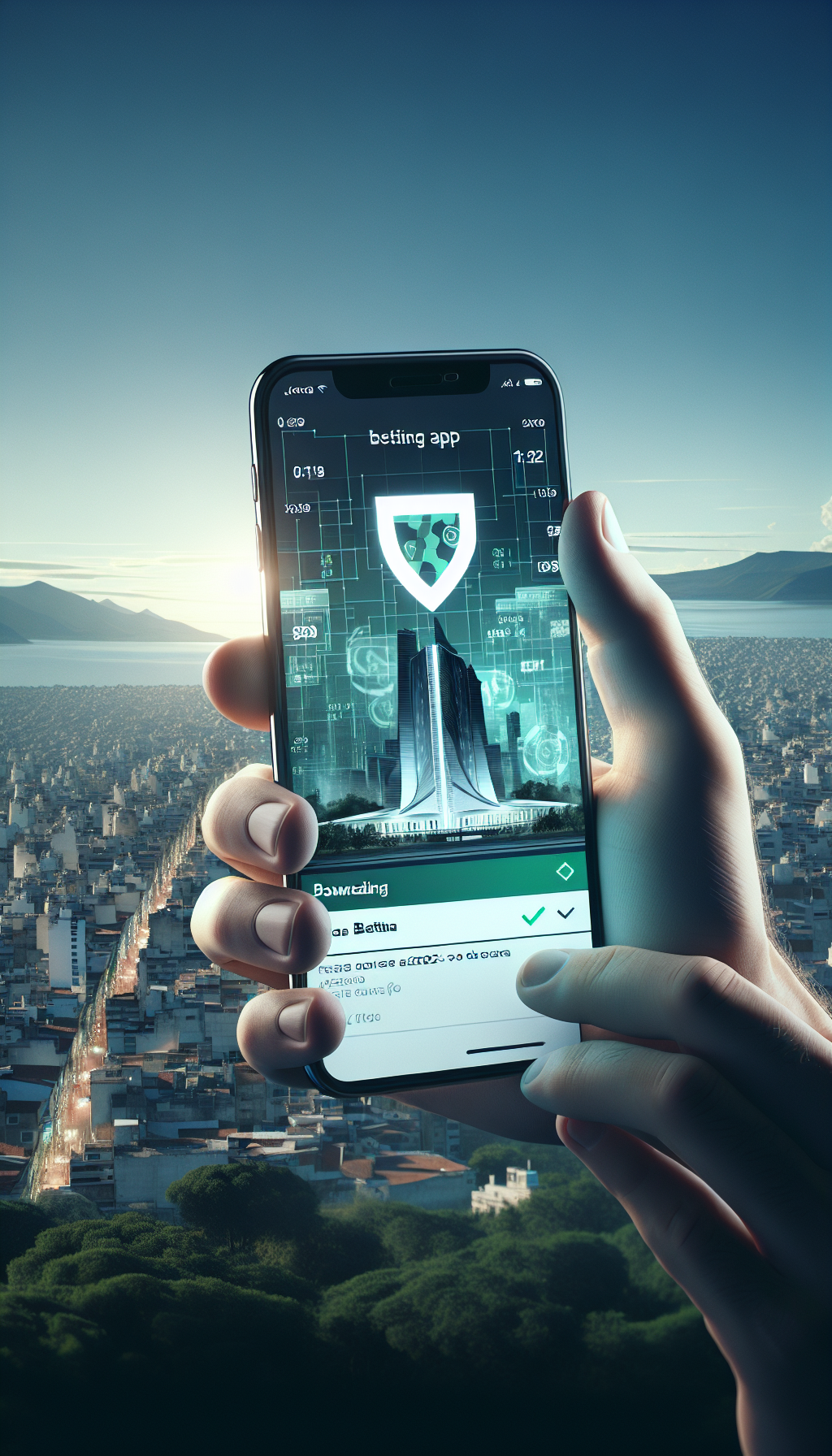 Descarga de la app Bet365 en smartphone con fondo de ciudad argentina.