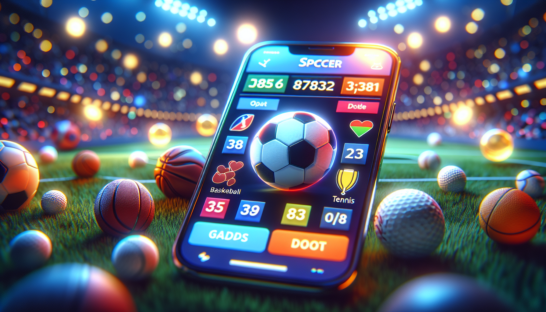 Móvil con pantalla de apuestas deportivas bet365, íconos de fútbol, tenis y básquetbol