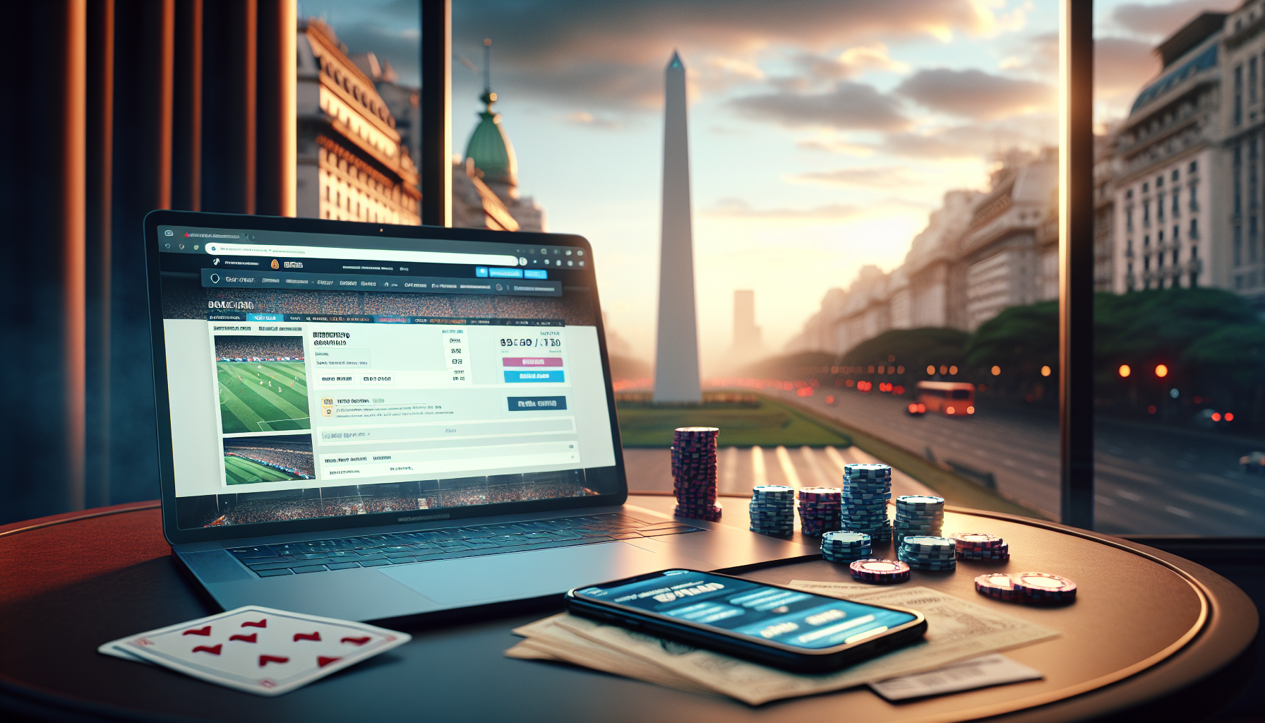 Aplicación de apuestas bet365 en laptop y smartphone en Buenos Aires con elementos de casino