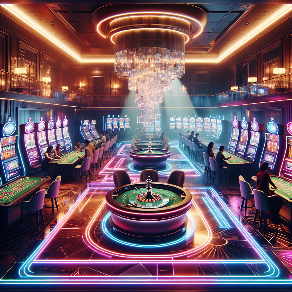 Ambiente moderno de casino online Bet365 en Argentina con ruleta y tragamonedas, estilo digital y vibrante.