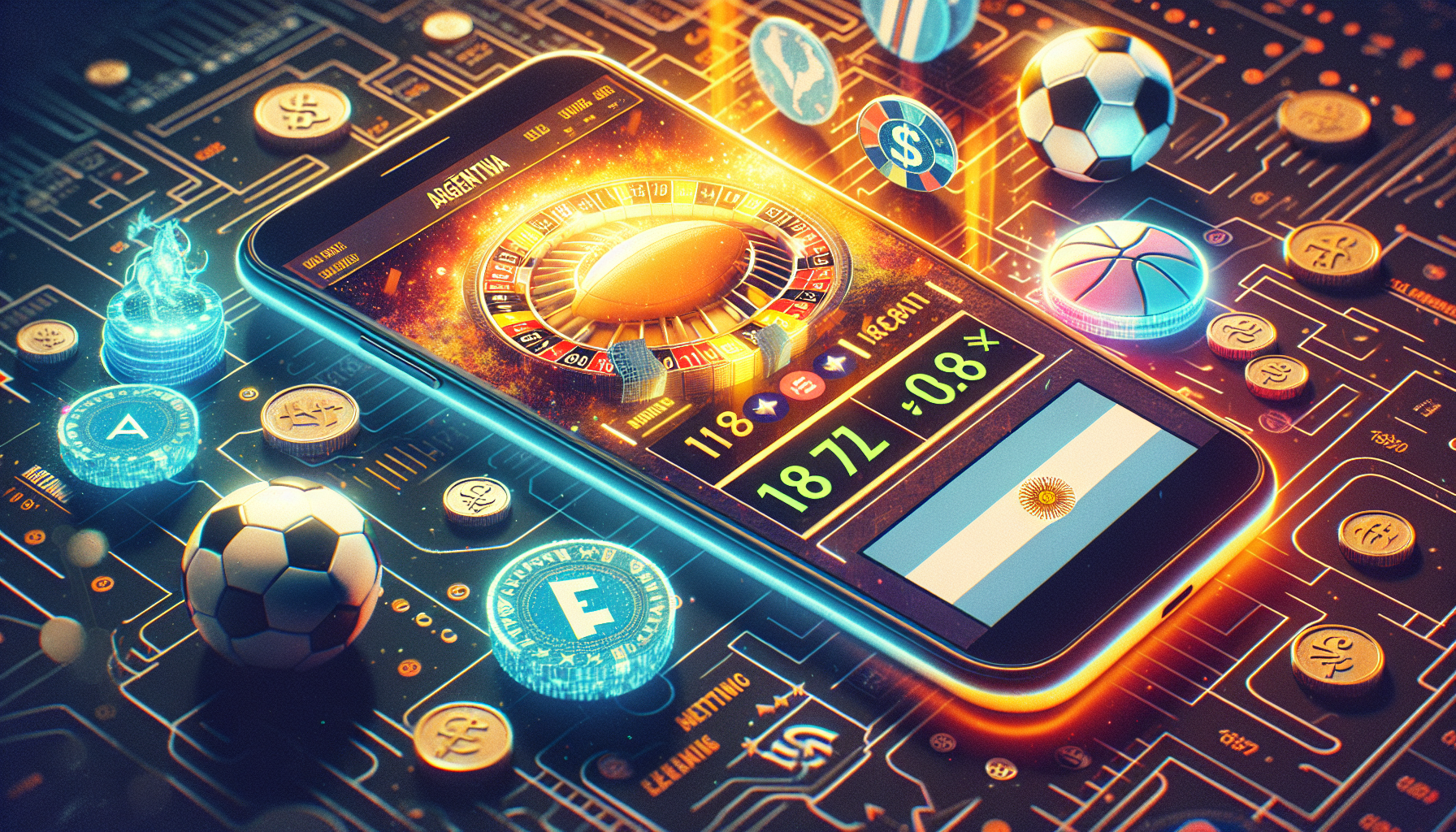 Pantalla del móvil con interfaz Bet365, deportes y juegos de casino en ambiente argentino.