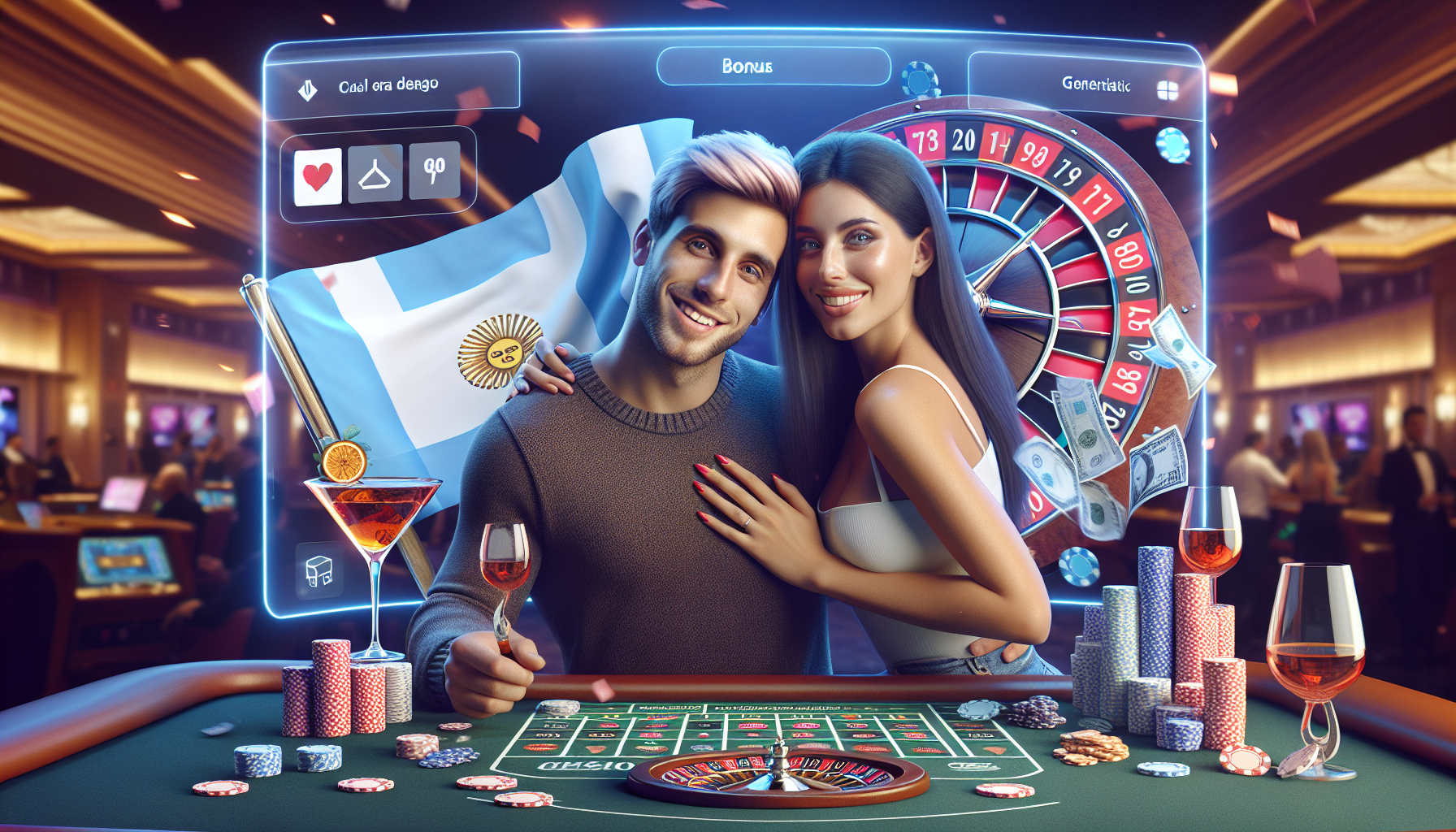 Usuarios argentinos recibiendo bono de bienvenida en Bet365, con ambiente de casino digital.