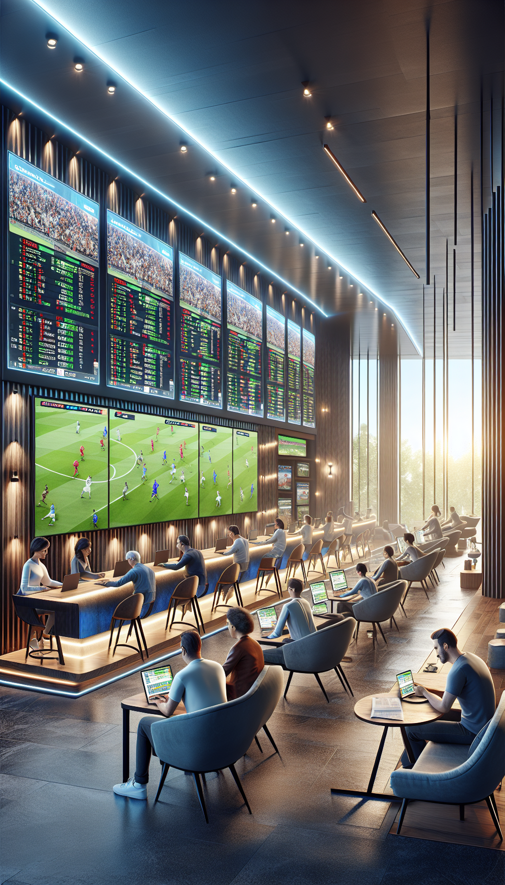 Personas utilizando Bet365 para apuestas deportivas en Argentina, evento en vivo al fondo.